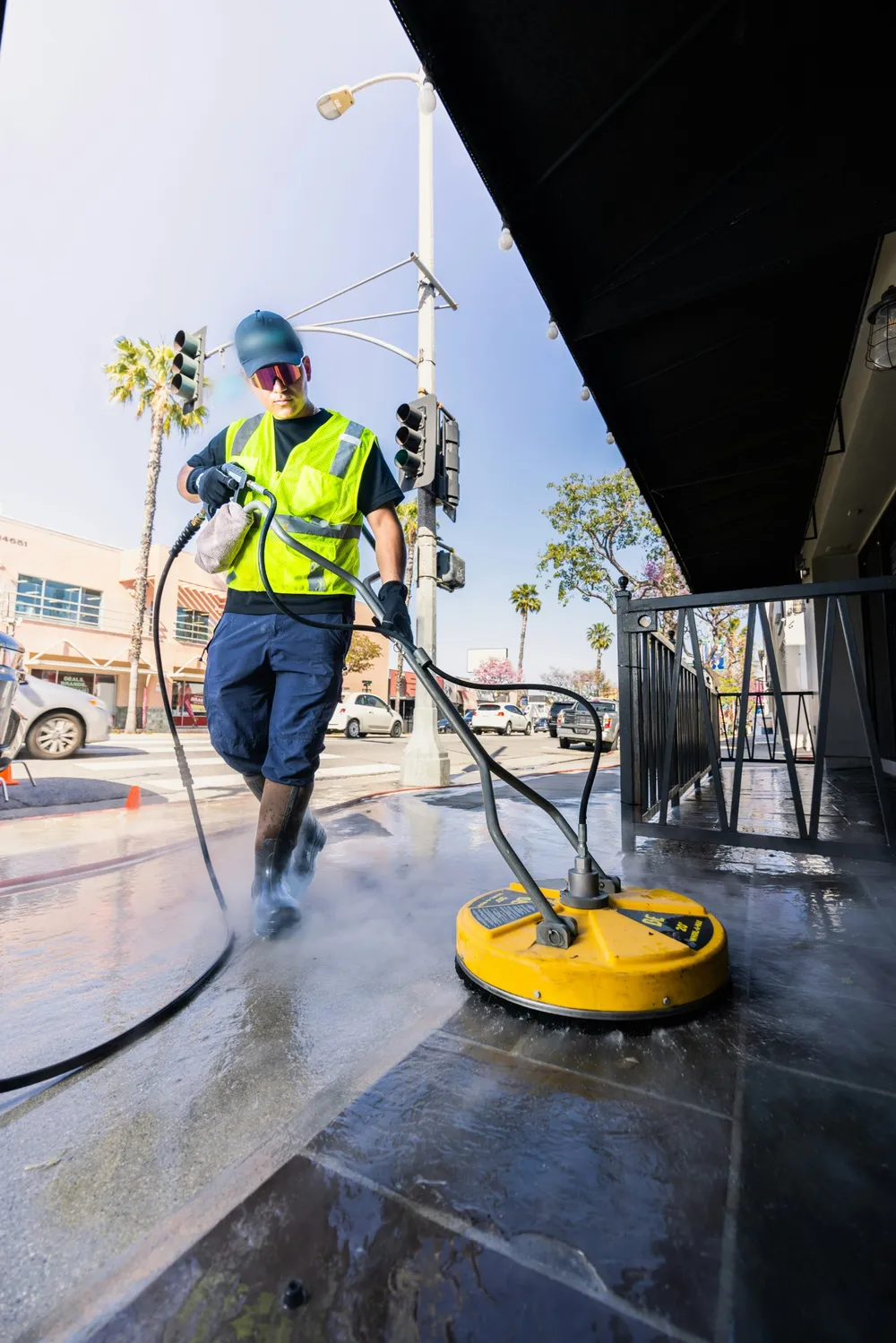 Pressure washing technician cleaning a commercial footpath with a surface cleaner